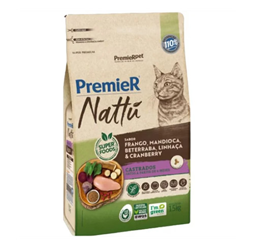 Premier Nattu Gatos Adultos Castrado Mandioca 1,5g