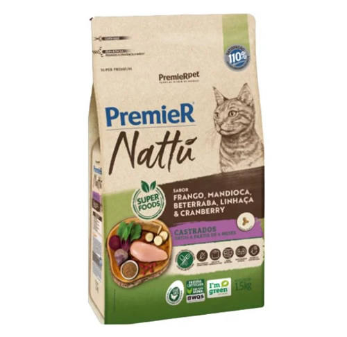 Premier Nattu Gatos Adultos Castrado Mandioca 7,5kg