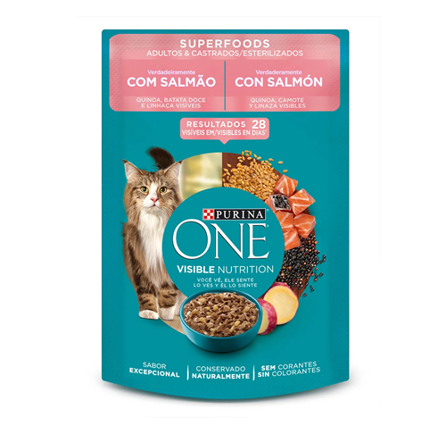 Rao mida Purina One Cat Superfoods para Gatos Adultos e Castrados Sabor Salmo 85g