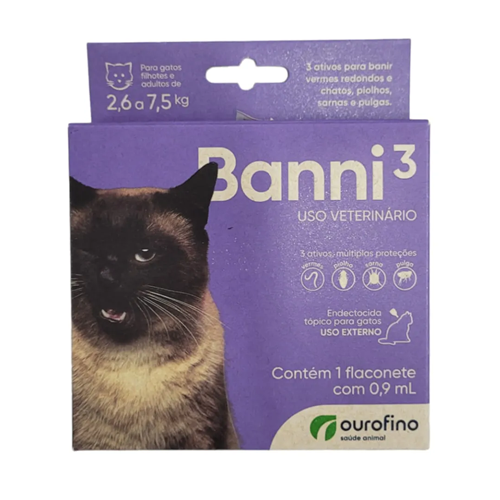 Banni 3 Gatos 2,6 at 7,5kg 0,90ml Vermes Pulgas Sarna Piolho - Ourofino Pet