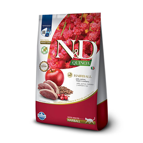 Rao N&D Quinoa Hairball para Gatos Adultos Sabor Pato, Quinoa, Ma e Cranberry